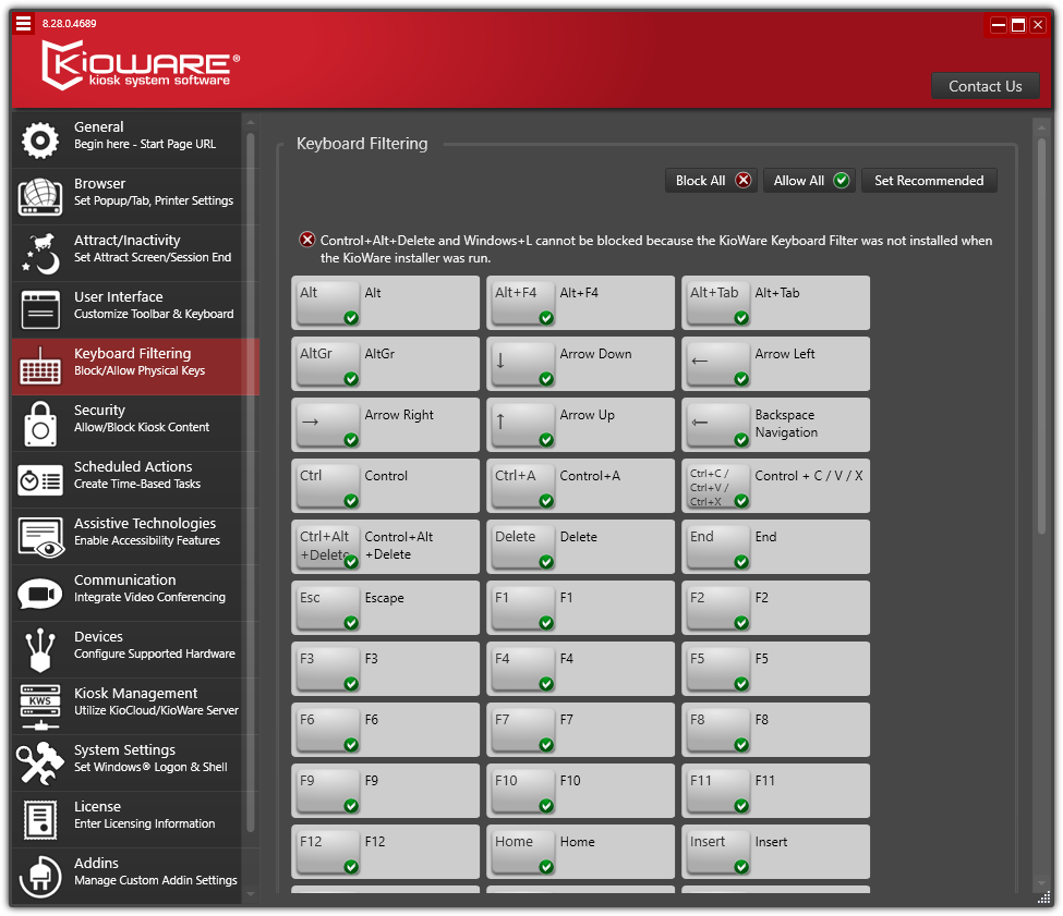 KioWare for Windows: Keyboard Filtering Tab